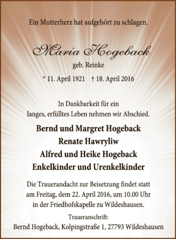 Traueranzeige von Maria Hogeback von SYK