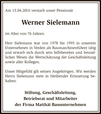 Traueranzeige von Werner Sielemann von SYK