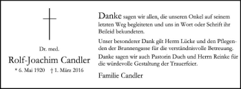 Traueranzeige von Rolf-Joachim Candler von SYK