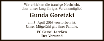 Traueranzeige von Gunda  Goretzki