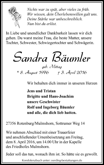 Traueranzeige von Sandra Bäumler von SYK