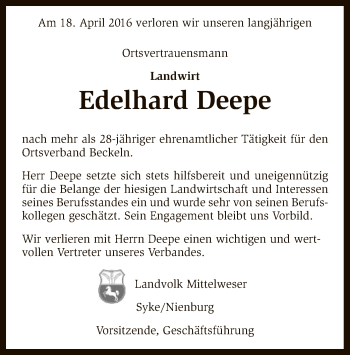 Traueranzeige von Edelhard Deepe von SYK