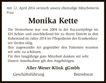 Traueranzeige von Monika Kette von SYK