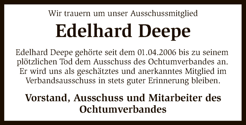  Traueranzeige für Edelhard Deepe vom 21.04.2016 aus SYK