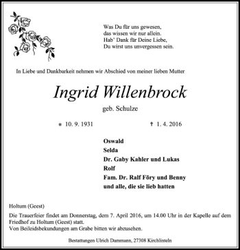 Traueranzeige von Ingrid Willenbrock von SYK