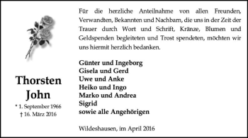 Traueranzeige von Thorsten John von SYK