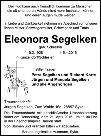 Traueranzeige von Eleonora Segelken