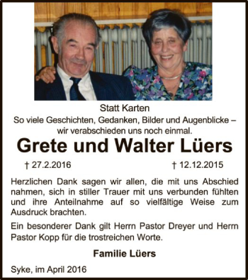 Traueranzeige von Grete und Walter  Lüers von SYK