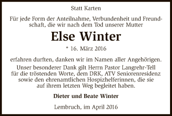 Traueranzeige von Else Winter von SYK