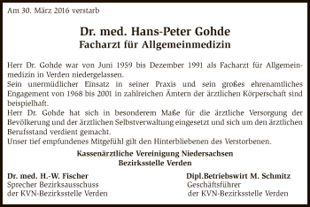 Traueranzeige von Hans-Peter Gohde von SYK