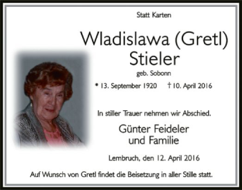 Traueranzeige von Wladislawa Stieler von SYK