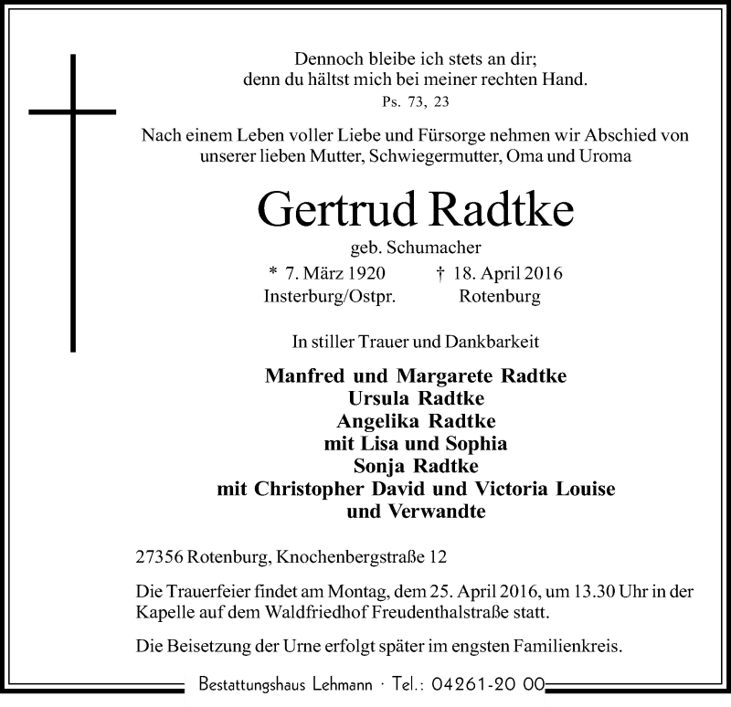  Traueranzeige für Gertrud Radtke vom 21.04.2016 aus SYK