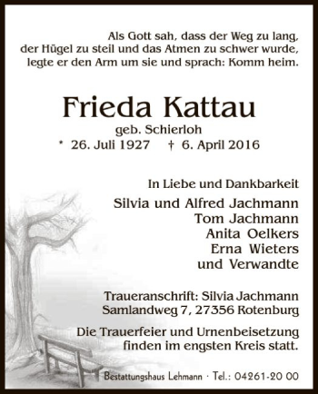 Traueranzeige von Frieda Kattau von SYK