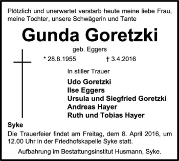 Traueranzeige von Gunda  Goretzki