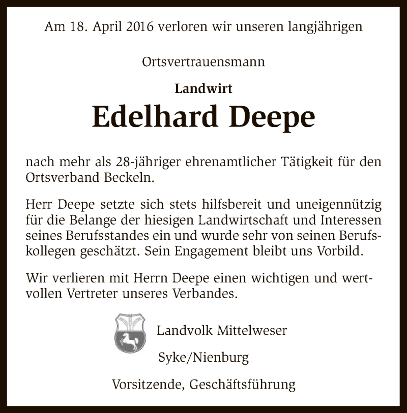  Traueranzeige für Edelhard Deepe vom 22.04.2016 aus SYK