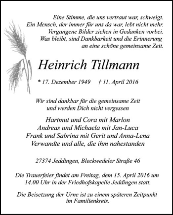 Traueranzeige von Heinrich Tillmann von SYK