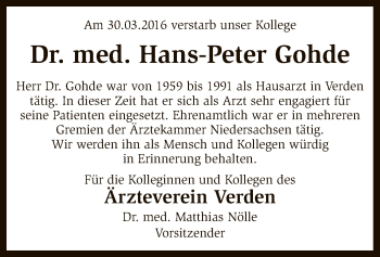 Traueranzeige von Hans-Peter Gohde von SYK