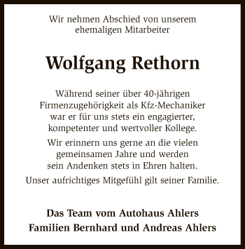 Traueranzeige von Wolfgang Rethorn von SYK