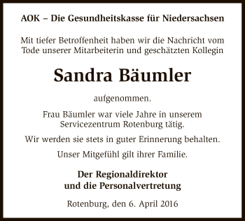 Traueranzeige von Sandra Bäumler von SYK