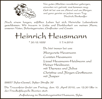 Traueranzeige von Heinrich Heusmann