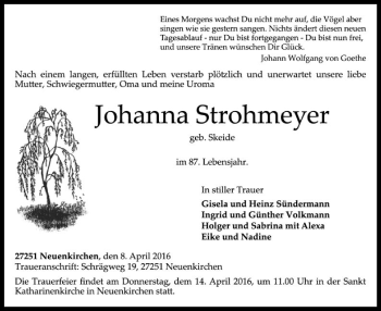 Traueranzeige von Johanna Strohmeyer von SYK