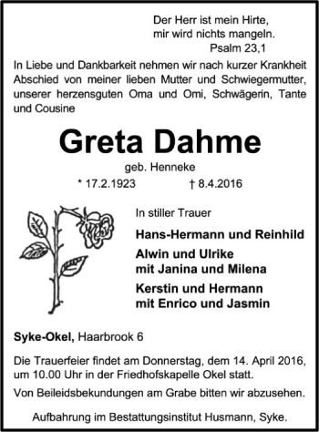 Traueranzeige von Greta Dahme