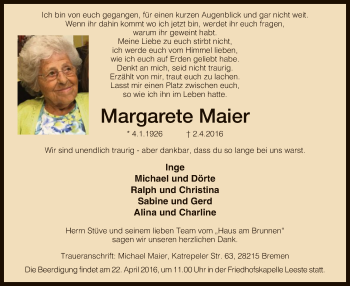 Traueranzeige von Margarete Maier von SYK