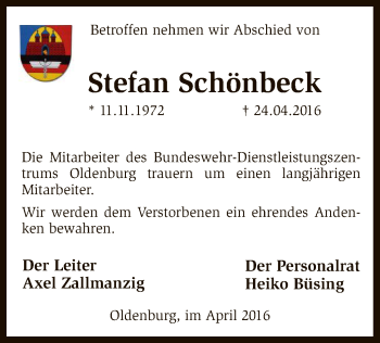 Traueranzeige von Stefan Schönbeck von SYK