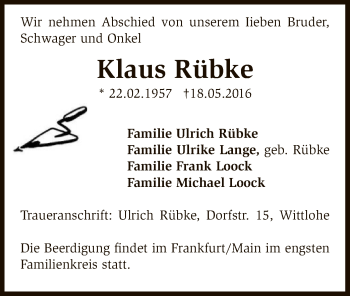 Traueranzeige von Klaus Rübke von SYK