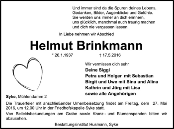 Traueranzeige von Helmut Brinkmann