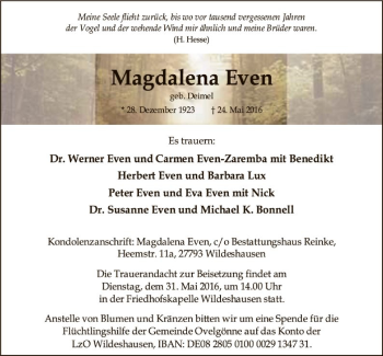 Traueranzeige von Magdalena Even von SYK