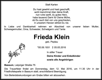 Traueranzeige von Frieda Klein von SYK