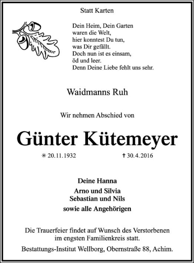  Traueranzeige für Günter Kütemeyer vom 04.05.2016 aus SYK