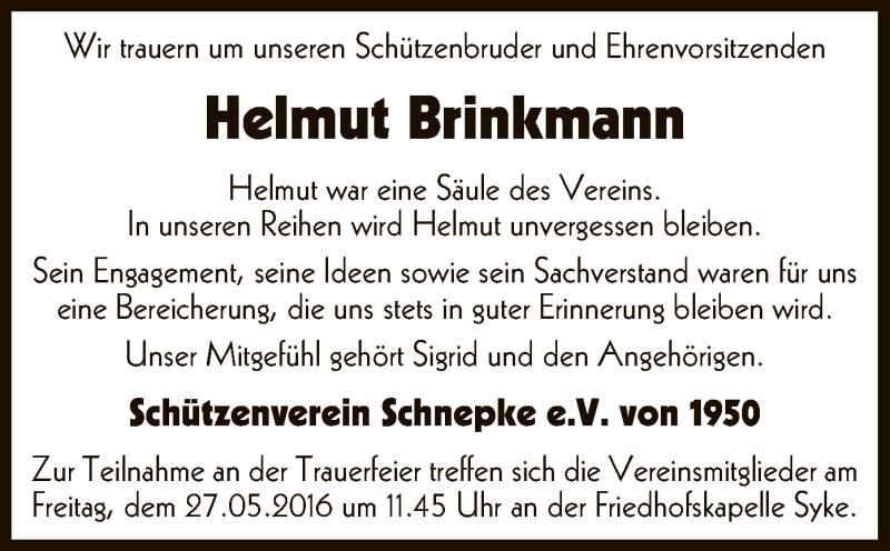  Traueranzeige für Helmut Brinkmann vom 20.05.2016 aus SYK