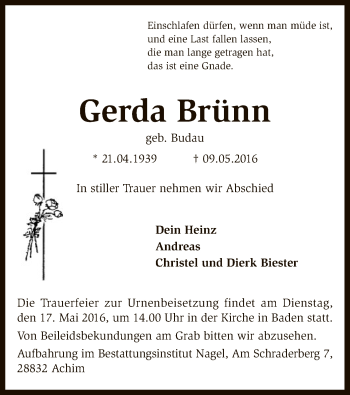 Traueranzeige von Gerda Brünn von SYK