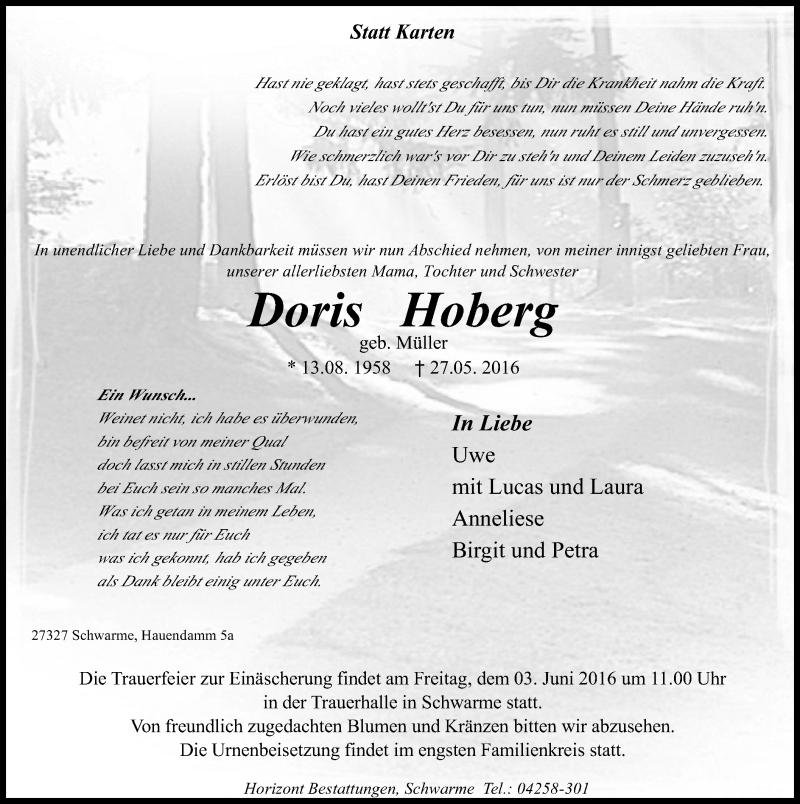  Traueranzeige für Doris Hoberg vom 31.05.2016 aus SYK