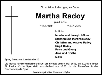 Traueranzeige von Martha Radoy