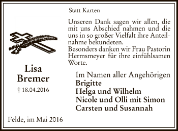 Traueranzeige von Lisa Bremer