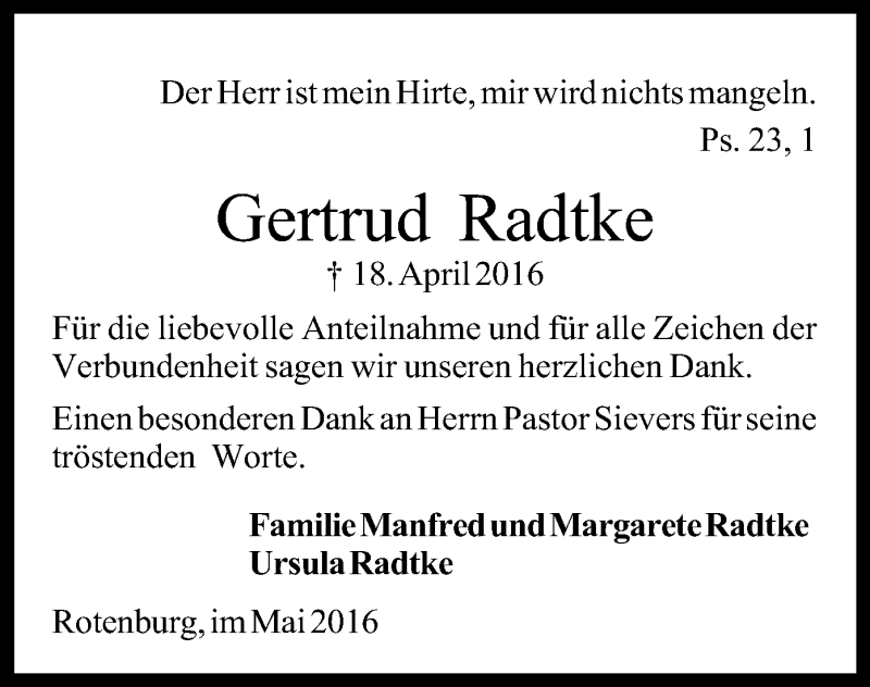  Traueranzeige für Gertrud Radtke vom 28.05.2016 aus SYK