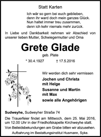 Traueranzeige von Grete Glade