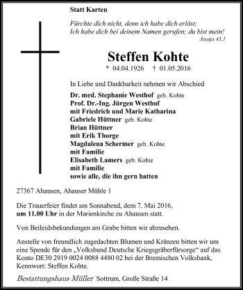 Traueranzeige von Steffen Kohte von SYK