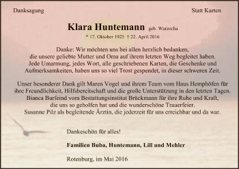Traueranzeige von Klara Huntemann von SYK