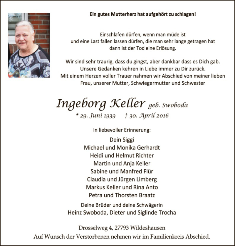  Traueranzeige für Ingeborg Keller vom 04.05.2016 aus SYK