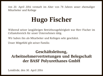 Traueranzeige von Hugo Fischer von SYK