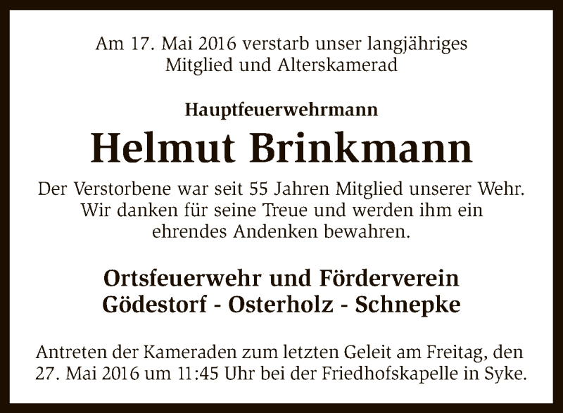  Traueranzeige für Helmut Brinkmann vom 23.05.2016 aus SYK