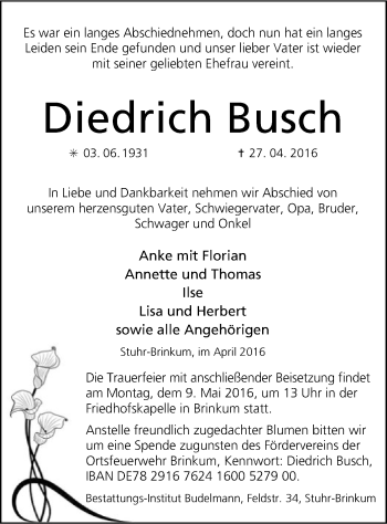 Traueranzeige von Diedrich Busch von SYK