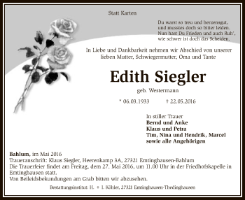 Traueranzeige von Edith Siegler von SYK