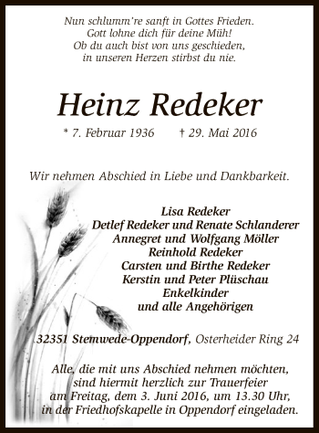 Traueranzeige von Heinz Redeker von SYK