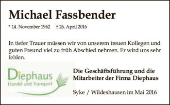Traueranzeige von Michael Fassbender von SYK