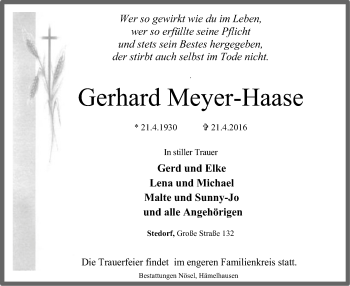 Traueranzeige von Gerhard Meyer-Haase von SYK